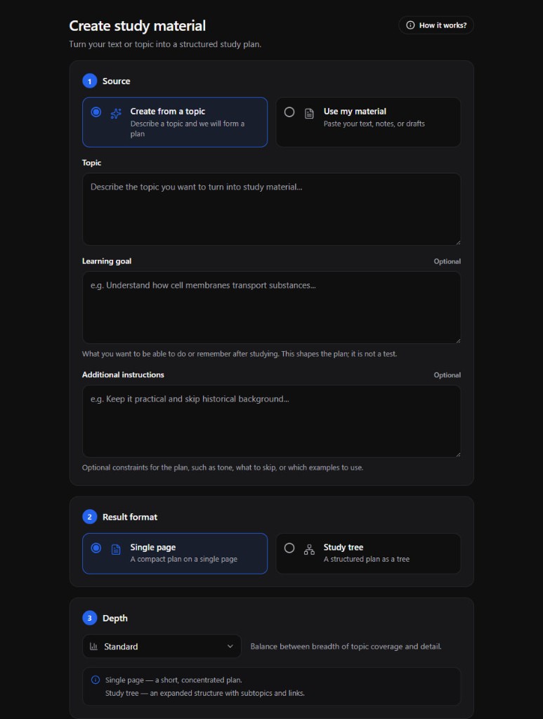 Create study material screen in Rememo, with source, result format, and depth options