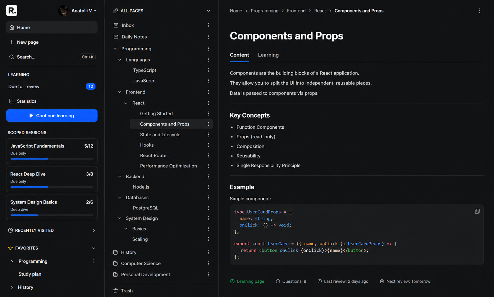 Rememo interface showing nested pages, scoped learning sessions, and a learning page with review content